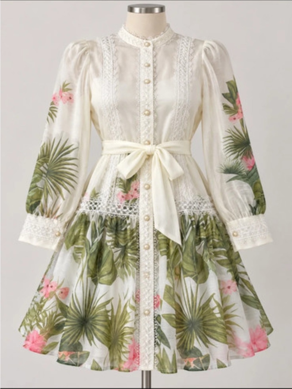 Ivory Botanical Lace-Trim Button-Front Dress